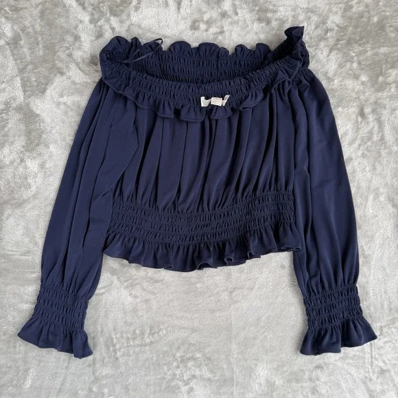 Michael Kors Romantic Boho Off Shoulder Smock Waist Ruffle Navy Peplum Blouse Lg - Picture 5 of 5